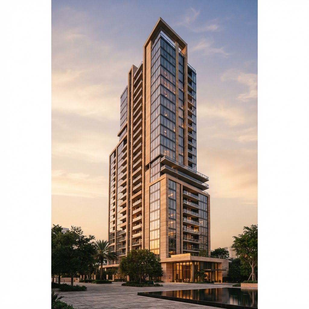 Super Construction Residences architectural exterior at golden hour
