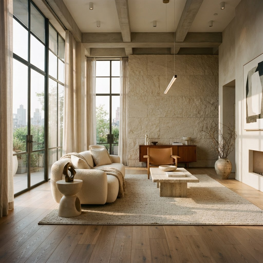 Sunlit luxury living room interior